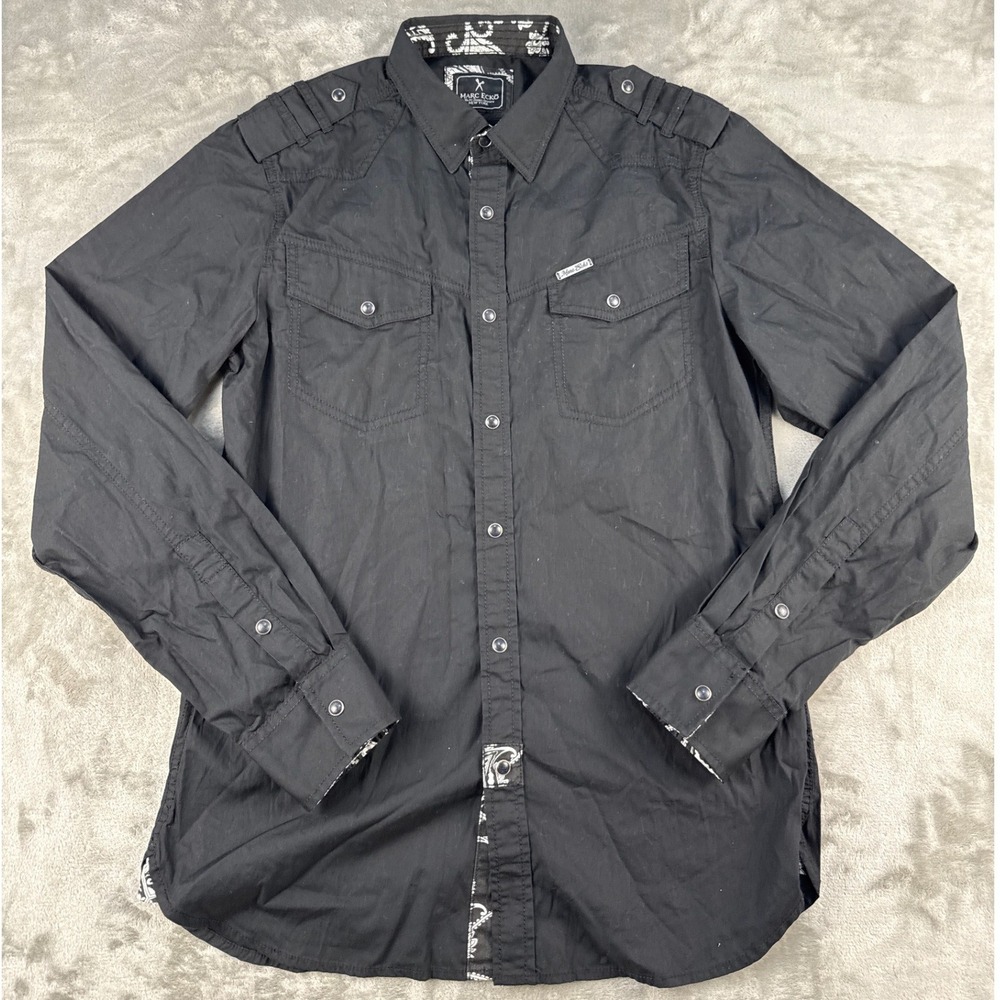 Marc Ecko Mens Black Military Snap Button Down Shirt Paisley Trim ME Small